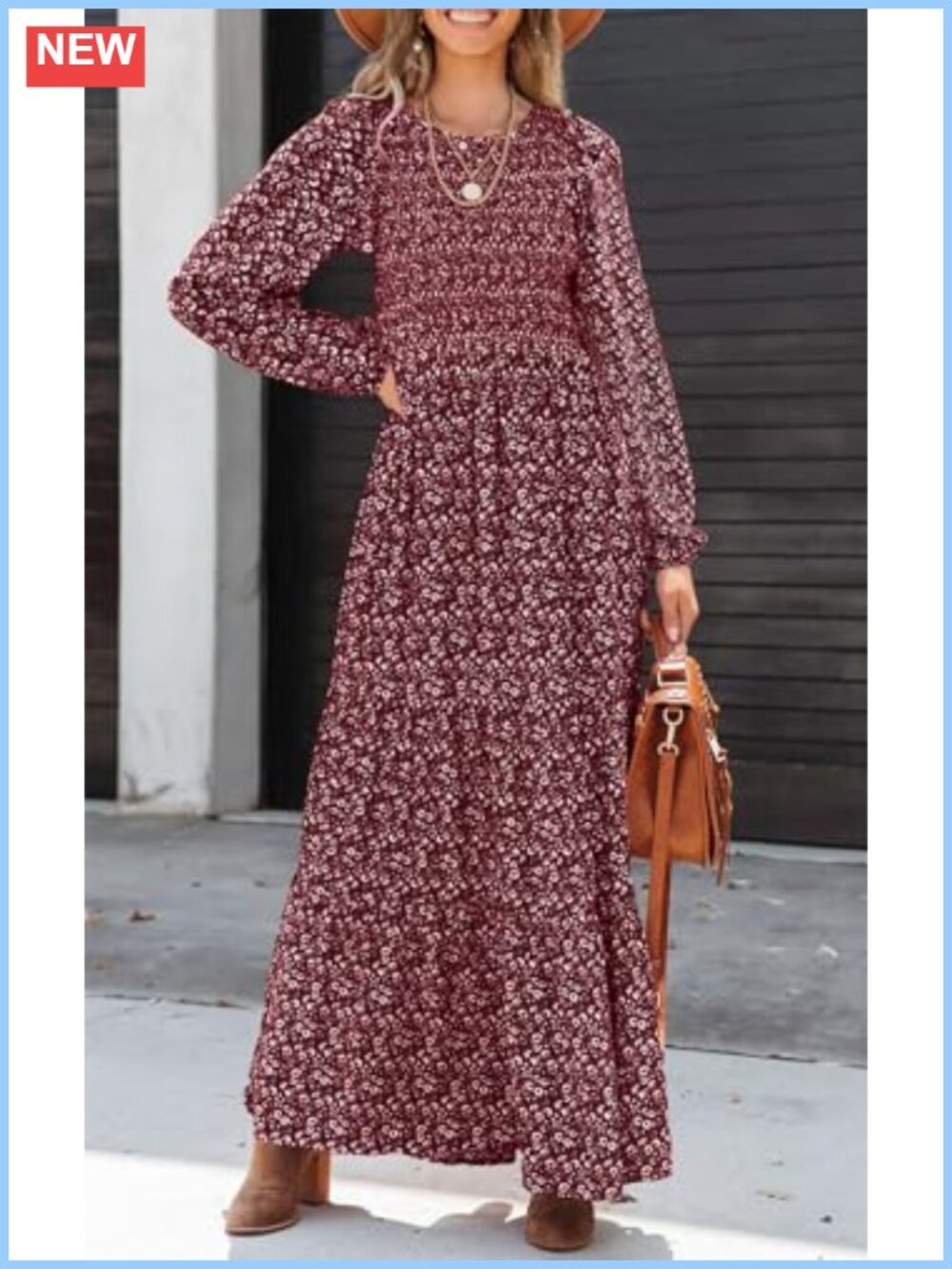 Long Sleeve Floral Maxi Dress Smocked A-Line Casual Fall Outfit - Picture 2 of 6
